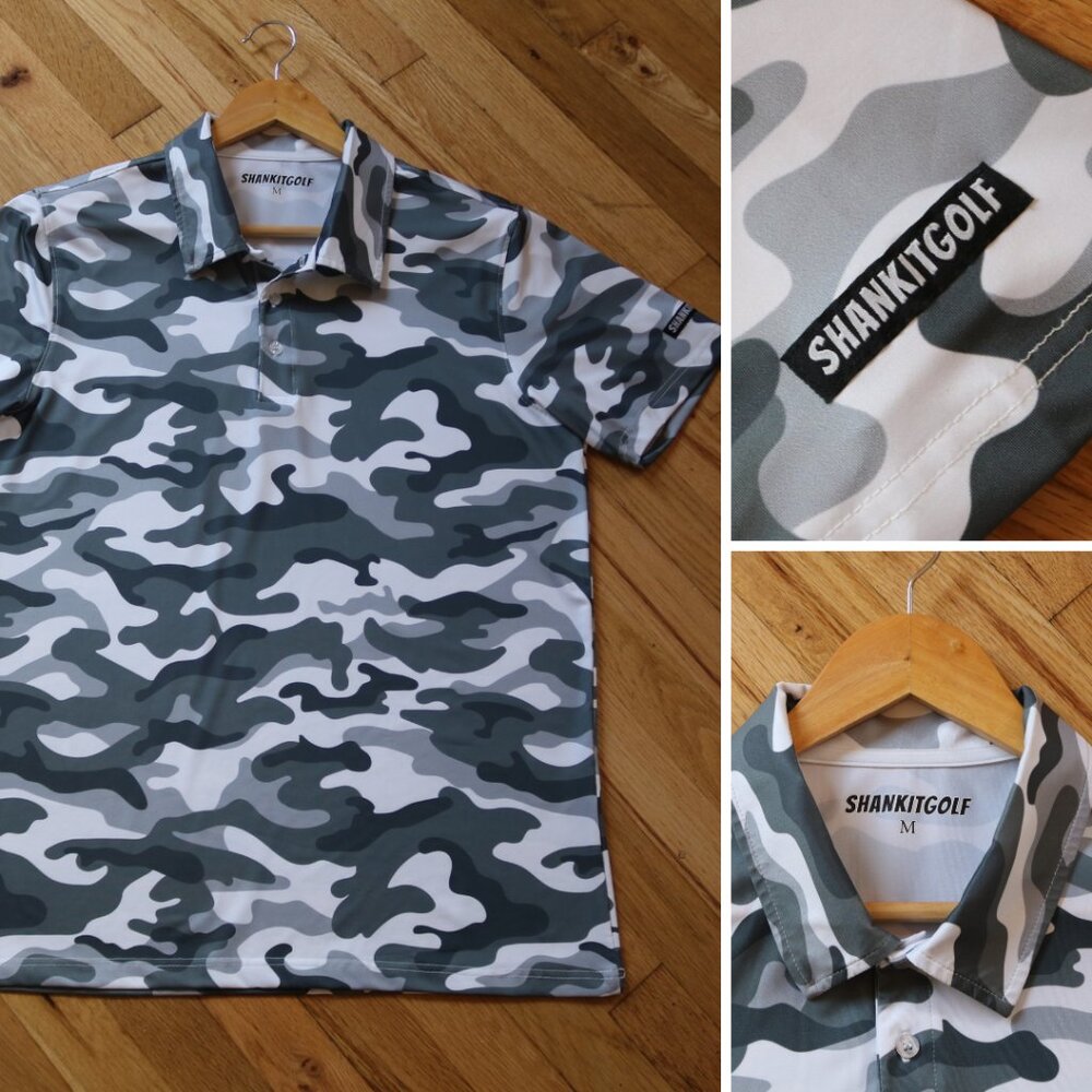 SHANKITGOLF Polo Shirt Men's M Black White CAMO All Over Print Performance Polo